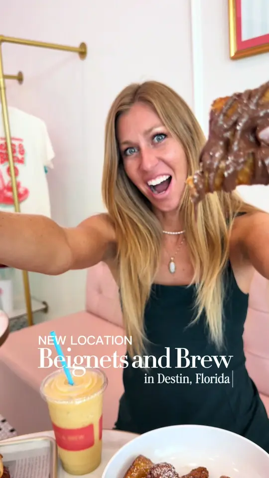 Beignets & Brew in Destin showing review, visit, beignets, specialty coffees, video by thedestinlife on TikTok