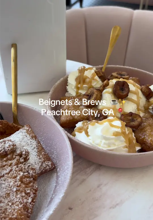 Beignets & Brew in Destin showing food, chicken tenders and beignets, banana foster beignet sunday, video by chass______ on TikTok