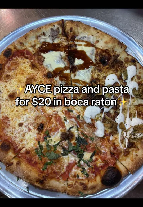 Bella Amici in Boca Raton showing pizza, cheese pizza, lasagna bites, boston beef pizza, pasta, video by chefitupwithlani on TikTok