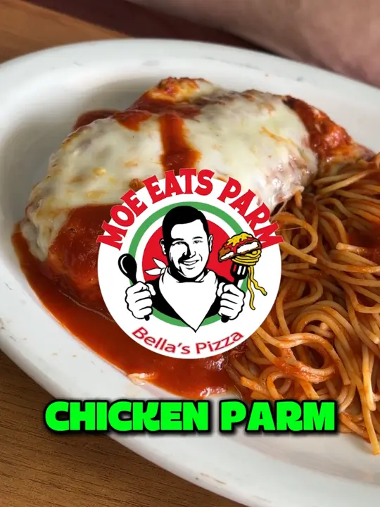 Bella's Italian Cafe in Tampa showing visit, chicken parm pizza, chicken parmesan entree, video by justcallmoe on TikTok