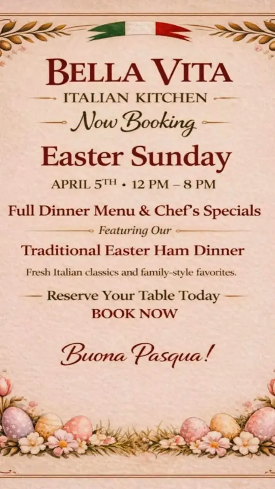 Bella Vita Italian Kitchen in Sarasota showing easter feast, reservations, video by Bella Vita on Facebook