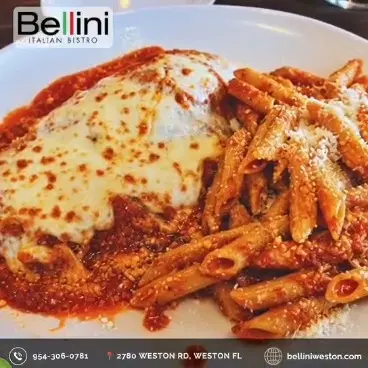 Bellini Italian Bistro in Weston showing crispy chicken parmesan, melted mozzarella, tomato sauce, penne, video by Bellini Italian Bistro Weston on Facebook
