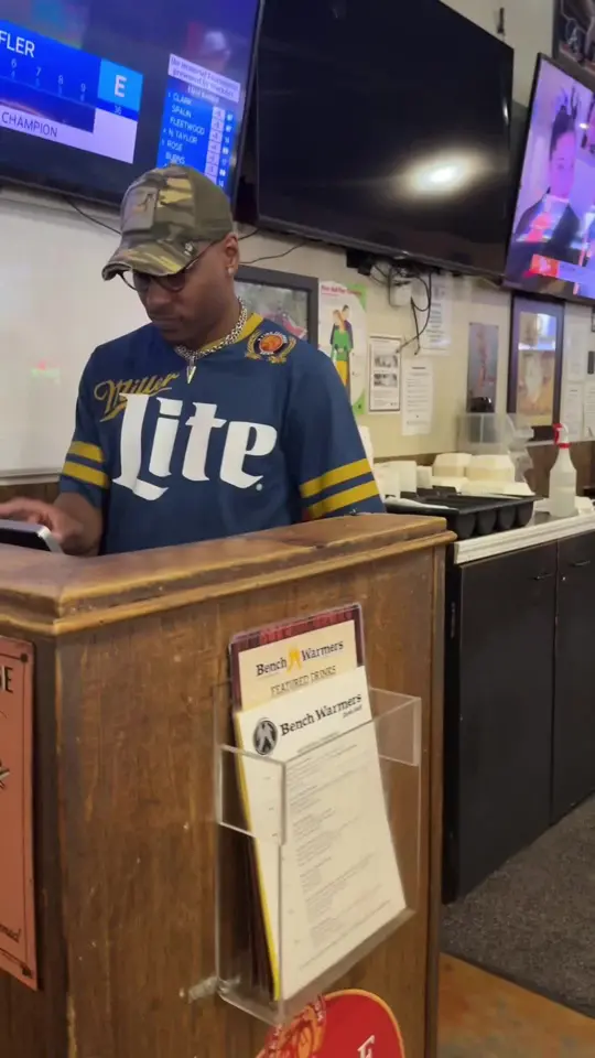Bench Warmers Sports Grill in Atlanta showing bar, bartender, video by bench.warmers.stoc on TikTok