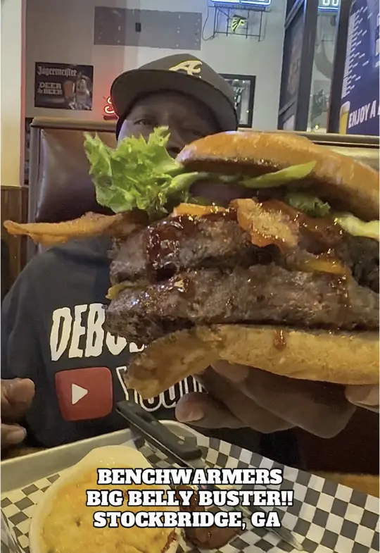 Bench Warmers Sports Grill in Stockbridge showing burger, cheeseburger, video by deboevibes on TikTok
