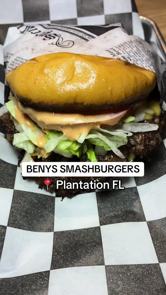 Benny's Smash Burgers in Plantation showing review, smash burger, video by ravebaeeats on TikTok