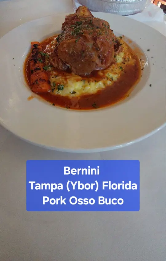 Bernini of Ybor in Tampa showing pork osso buco, italian food, review, video by The Honest Food Guy on Facebook
