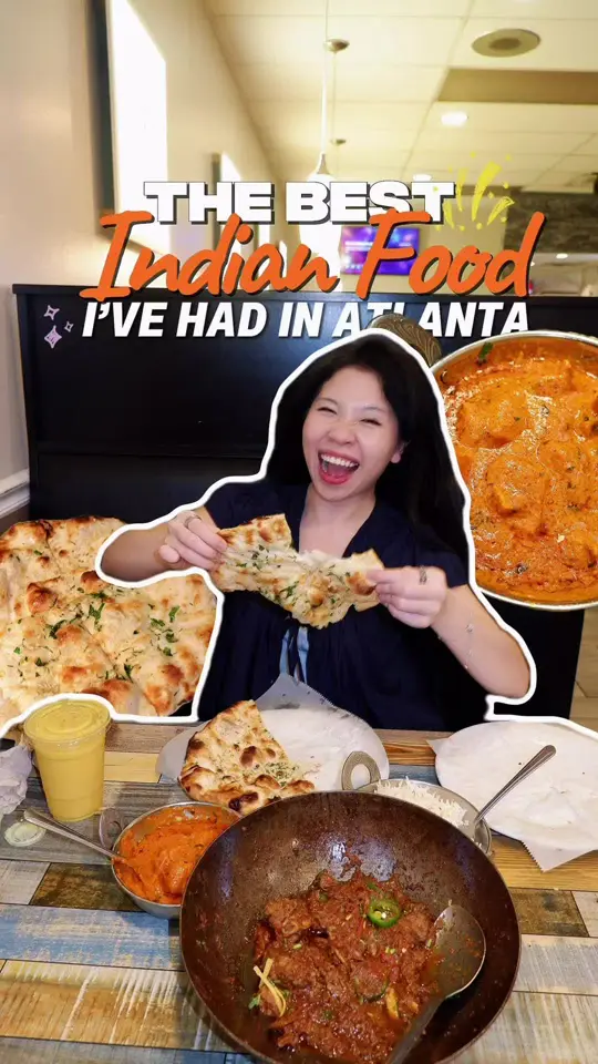 Best Pizza & Indian Food in Atlanta showing restaurant visit, goat karhai, butter chicken, cheese naan, mango lassi, video by learchivess on TikTok