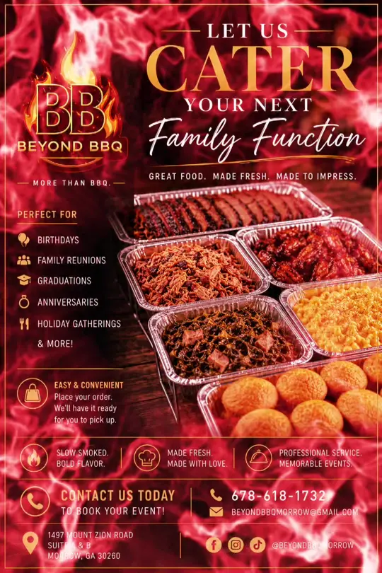 Beyond BBQ in Morrow showing bbq catering, smoked bbq favorites, homemade sides, video by beyondbbqmorrow on TikTok