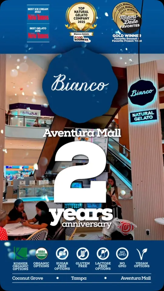 Bianco Gelato Coconut Grove in Miami showing gelato, sugar free gelato, video by Bianco Gelato on Facebook