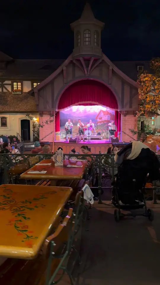 Biergarten Restaurant in Lake Buena Vista showing atmosphere, live music, polka band, video by See WDW on Facebook