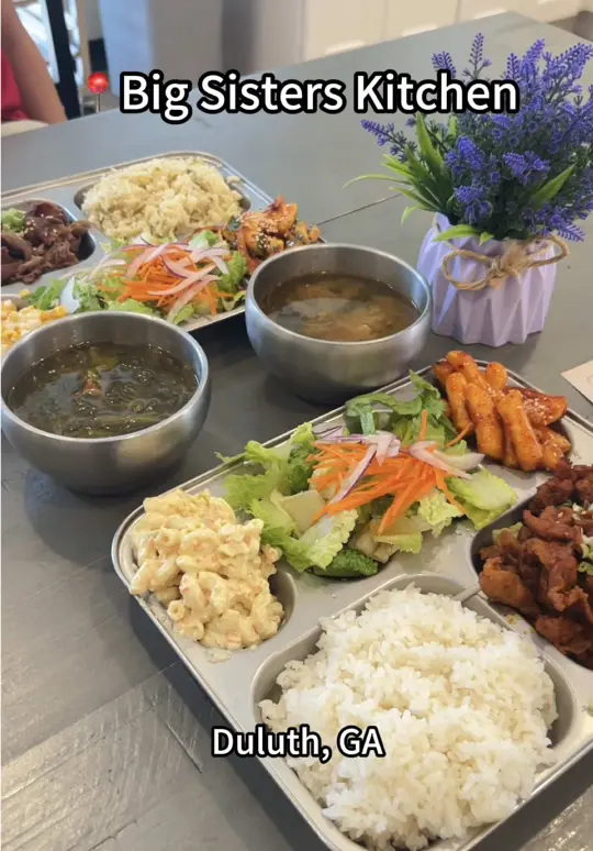 Big Sister's Kitchen in Duluth showing review, spicy pork combo, rice cake, soup, bulgogi combo, bulgogi kinbab, video by mis.shelly on TikTok