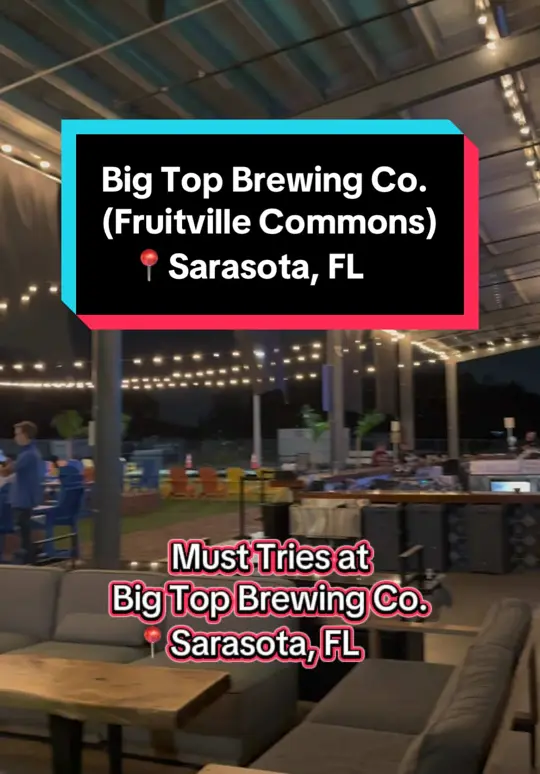 Big Top Brewery & Restaurant (Fruitville Commons) in Sarasota showing cocktail, fire breather / food, sticky pad thai asian wings / food, lemon grass chicken pot stickers / food, cocky cutlet sandwich / food, falafel tacos / food, video by elite_eats on TikTok