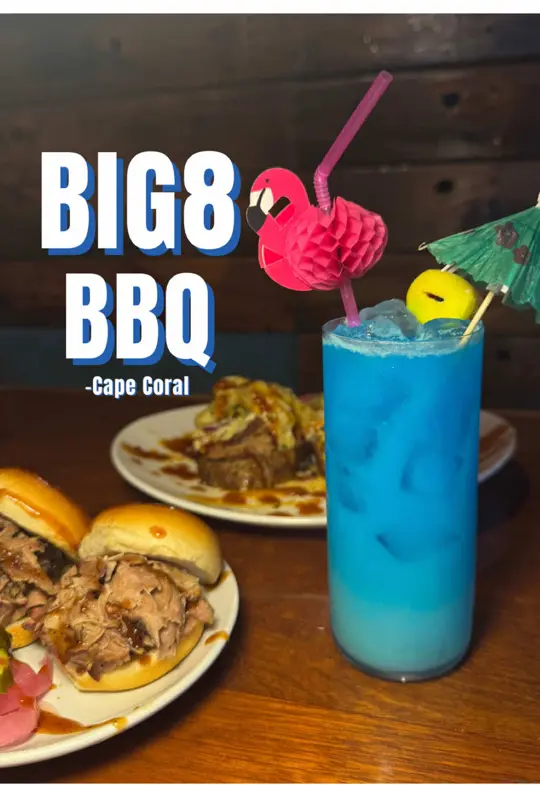 BIG8 BBQ in Cape Coral showing small plates, brisket volcano, tornado bites, smoked sliders, bar kababs, cocktails, smoke house mule, pool party, spicy coronarita, two face, video by ariannavandeusen5 on TikTok