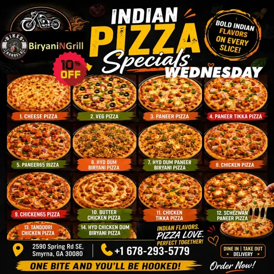 Bikes & Barrels - Biryani N Grill in Smyrna showing indian pizza, wednesday special, video by Biryani-N-Grill on Facebook