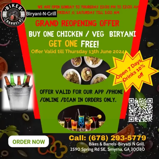 Bikes & Barrels - Biryani N Grill in Smyrna showing grand reopening offer, 10% off alcohol, buy one get one free chicken or veg biryani, video by Biryani-N-Grill on Facebook