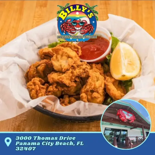 Billy's Oyster Bar in Panama City Beach showing fried oysters, seafood, video by Billy's Oyster Bar & Crab House on Facebook
