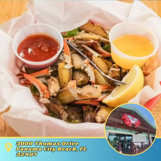Billy's Oyster Bar in Panama City Beach showing food, fried crab claws, steamed crab claws, drawn butter, cocktail sauce, video by Billy's Oyster Bar & Crab House on Facebook