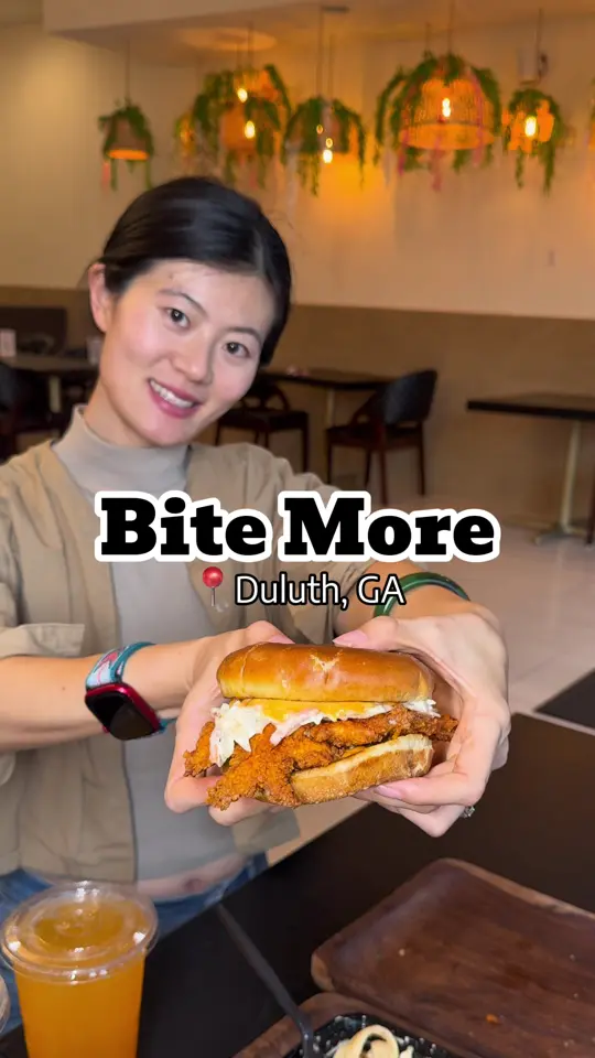 Bite More in Atlanta showing food, nashville hot chicken sandwich / food, cajun alfredo grilled shrimp pasta / food, caribbean jerk dry rub wings / food, garlic parmesan fries / food,, video by atlanta_foodyyyyy on TikTok