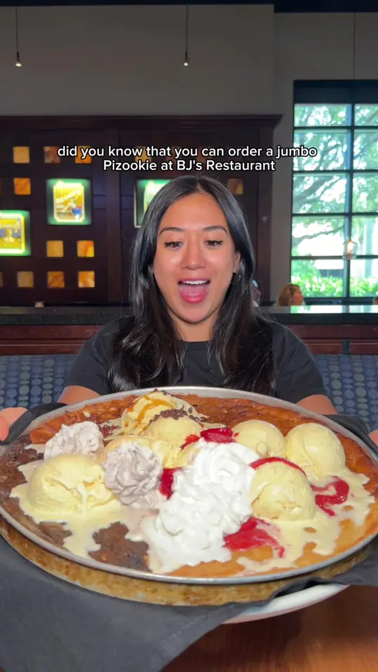 BJ's Restaurant & Brewhouse in West Palm Beach showing food, pizookie platter, video by explorewithgg on TikTok