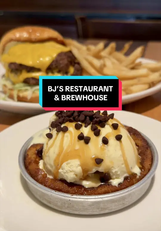 BJ's Restaurants in Orlando showing food, $13 pizookie meal deal, video by wrightdownmainstreet on TikTok