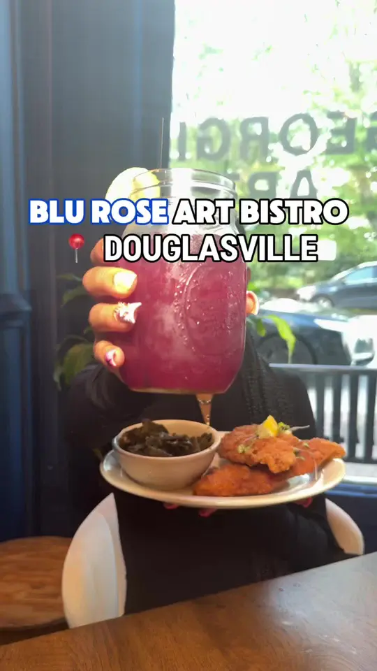 Blu Rose Art Bar in Douglasville showing cocktail, revamped menu items, video by amayaeatss on TikTok