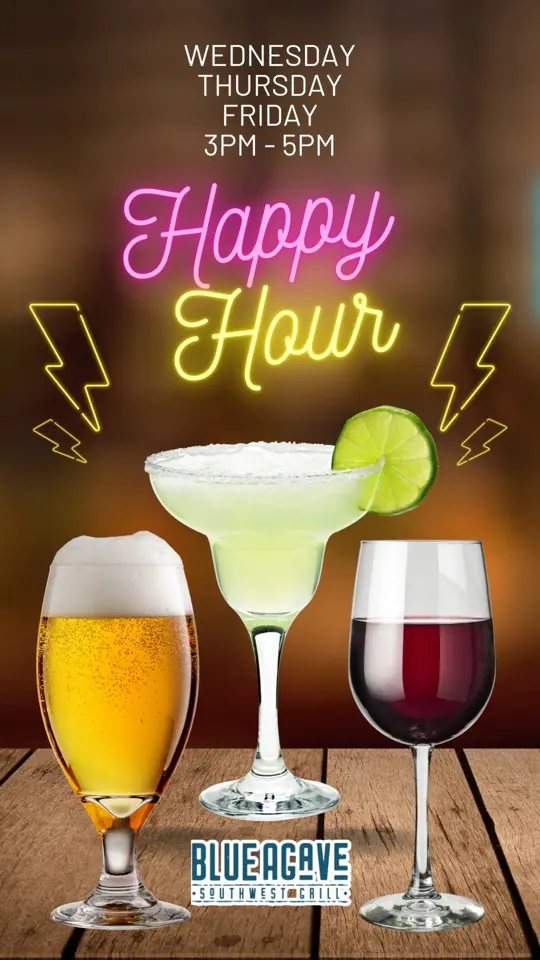 Blue Agave in Douglasville showing happy hour, draft beer, house margarita, house wine, bar appetizer, video by Blue Agave on Facebook