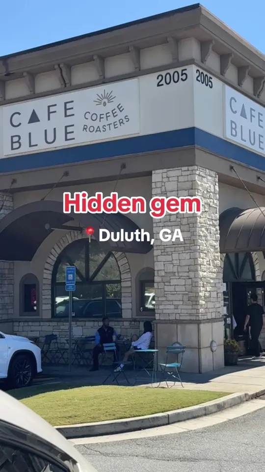Blue in Atlanta showing review, visit, atmosphere, coffee, corn latte, video by wanderbitesatl on TikTok