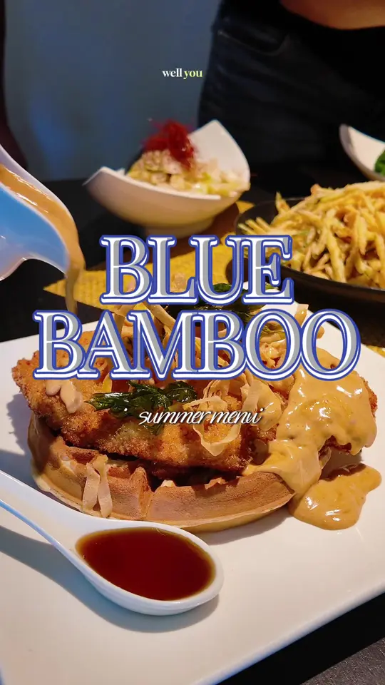Blue Bamboo in Jacksonville showing restaurant visit, summer menu, red curry chicken and waffles, mandarin orange cake, video by willworkforheels2 on TikTok