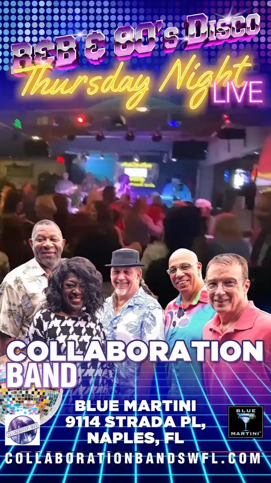Blue Martini in Naples showing live music, r&b, 80's disco, video by Collaboration Band on Facebook