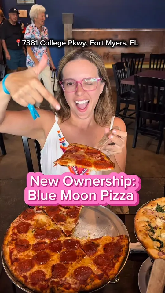 Blue Moon Pizza in Fort Myers showing review, pizza, thai chicken pizza, cheeseburger pizza, video by Love SWFL on Facebook
