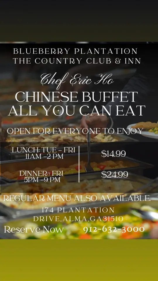 Blueberry Mansion Restaurant & Blueberry Plantation Golf Resort in Alma showing chinese buffet, lunch buffet, dinner buffet, sunday after-church buffet, restaurant hours, video by Blueberry Mansion of Blueberry Plantatio on Facebook