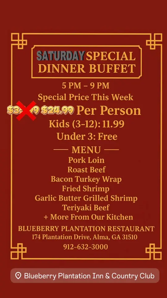 Blueberry Mansion Restaurant & Blueberry Plantation Golf Resort in Alma showing dinner buffet, slow-roasted beef, pork loin, fried shrimp, garlic butter grilled shrimp, teriyaki beef, video by Blueberry Mansion of Blueberry Plantatio on Facebook