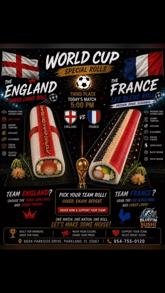 Bluefin Sushi of Parkland in Parkland showing food, england three lions roll, france les bleus roll, video by Bluefin Parkland Sushi on Facebook