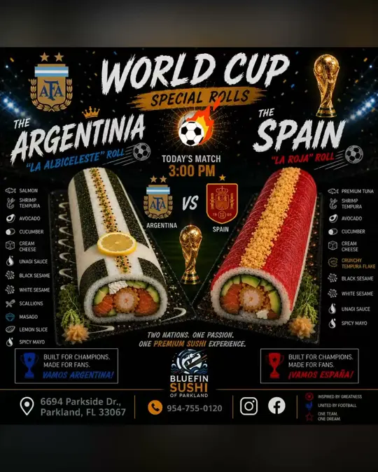 Bluefin Sushi of Parkland in Parkland showing food, argentina 'la albiceleste' roll, spain 'la roja' roll, video by Bluefin Parkland Sushi on Facebook