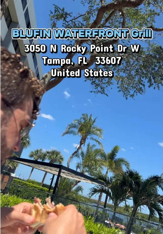 Blufin Waterfront Grill in Tampa showing review, visit, atmosphere, waterfront view, video by aimeeandmontana on TikTok