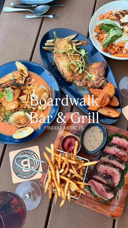 Boardwalk Bar & Grill Indialantic in Indialantic showing review, wagyu steak & frites, frutta di mare, 1/2 brick chicken, bourbon chocolate cake, video by spacecoastvibeanddine on TikTok