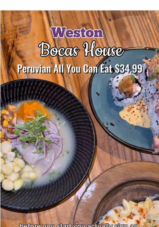 Bocas House in Weston showing ceviche, shrimp bao bun, truffle mac & cheese, jales style sushi, peruvian new york steak, vanilla ice cream with nutella, video by ms.soflo on TikTok