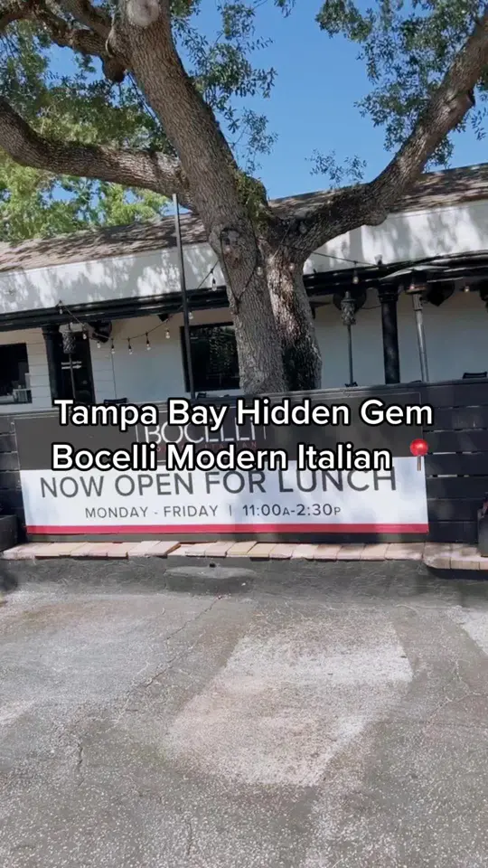Bocelli in Tampa showing modern italian restaurant, brick fired pizza, hand tossed pizza, made from scratch dinners, tampa location, video by bocellitampa on TikTok