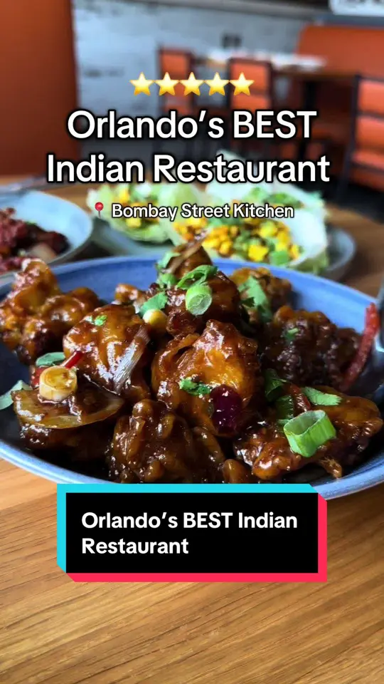 Bombay Street Kitchen in Orlando showing review, onion bhaji, samosa chaat, chicken tikka, paneer lettuce wraps, chicken 65, tandoori roti, video by branthebroker on TikTok