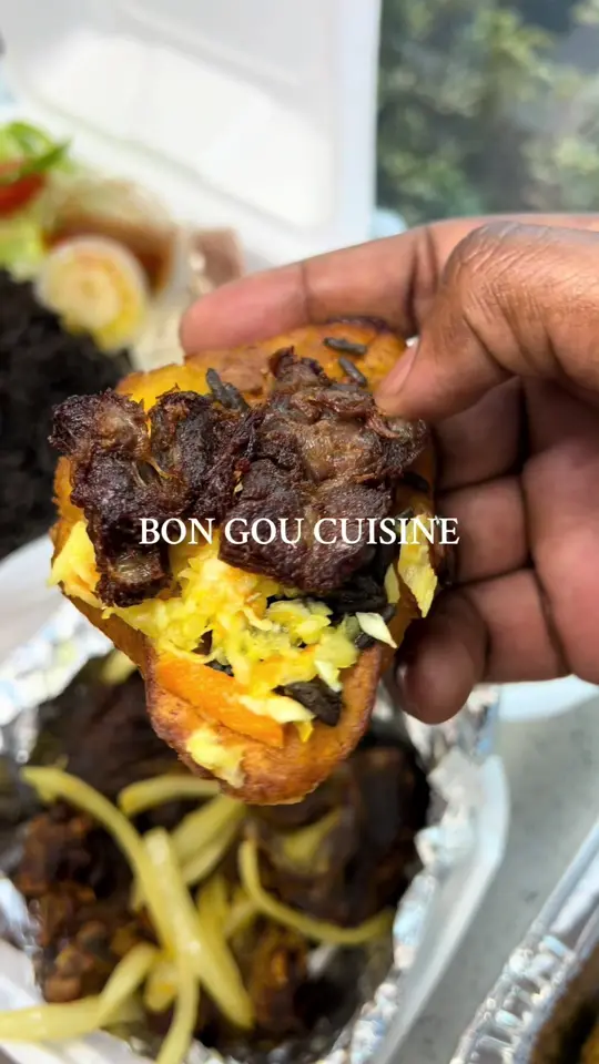 Bon Gou cuisine in Lake Worth showing review, haitian food, video by sk8natethefoodie on TikTok