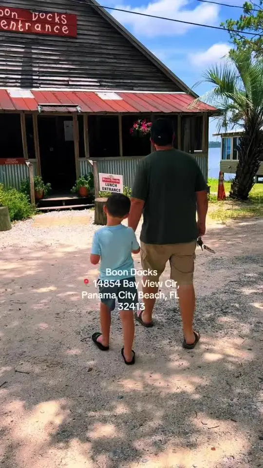Boon Docks in Panama City Beach showing restaurant visit, fresh local seafood, homemade hushpuppies, grilled specialties, atmosphere, water view, video by lovingpanamacitybeach on TikTok