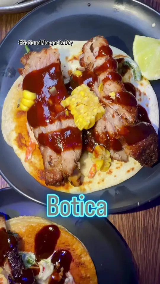 Botica in Atlanta showing cocktail, $5 margaritas / food, bone-in taco / drink, $5 tequila shots / drink, $5 dos equis / event, live music / event, taco tuesday, video by servinglooksatl on TikTok