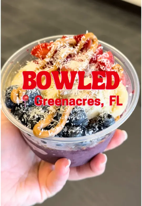  in Florida showing grand opening, acai bowls, spicy chicken grain bowl, the farm bowl, video by soflo.sahm on TikTok
