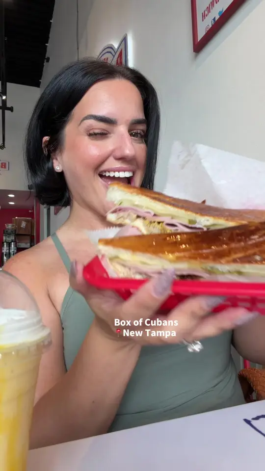 Box of Cubans in Riverview showing review, visit, food, mango shake, cuban sandwich, empanadas, deviled crab, video by bellaness21 on TikTok