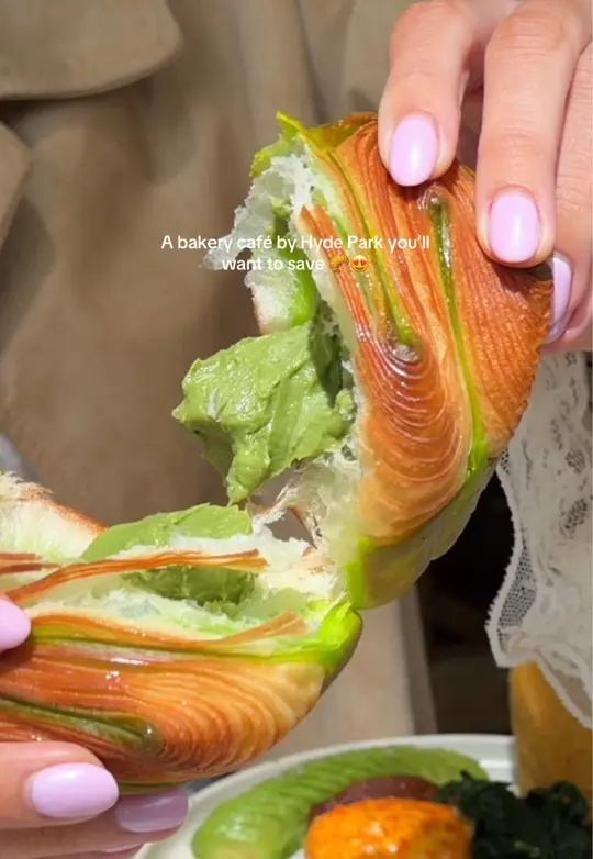Boxcar in Gainesville showing brunch, crispy feta with cacklebean egg, smoked ham, torched apricot pastry, matcha croissant, strawberry matcha drink, video by londonfoodbabesofficial on TikTok