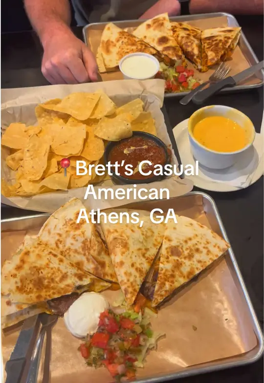 Brett's Casual American in Athens showing food, steak quesadilla, buffalo chicken quesadilla, homemade carmelita, video by algig22 on TikTok