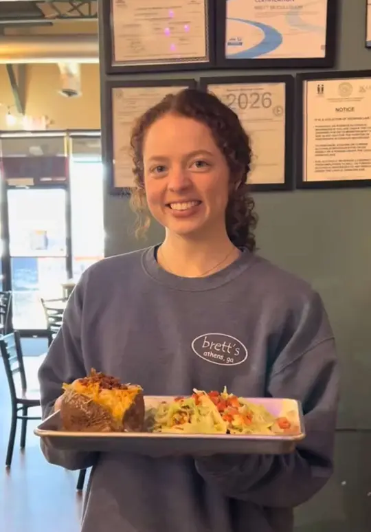 Brett's Casual American in Athens showing staff, burger, cookies, video by brettsrestaurant on TikTok