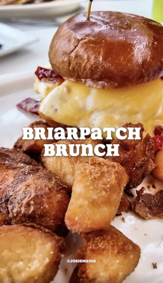 Briarpatch Restaurant in Winter Park showing brunch, short rib eggs benedict, banana chocolate and pecan pancakes, breakfast sandwich, video by josiemaida on TikTok