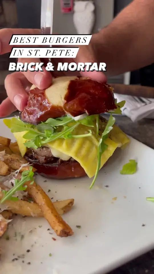 Brick & Mortar in St. Petersburg showing burger, cheeseburger, video by ilovetheburgstpete on TikTok