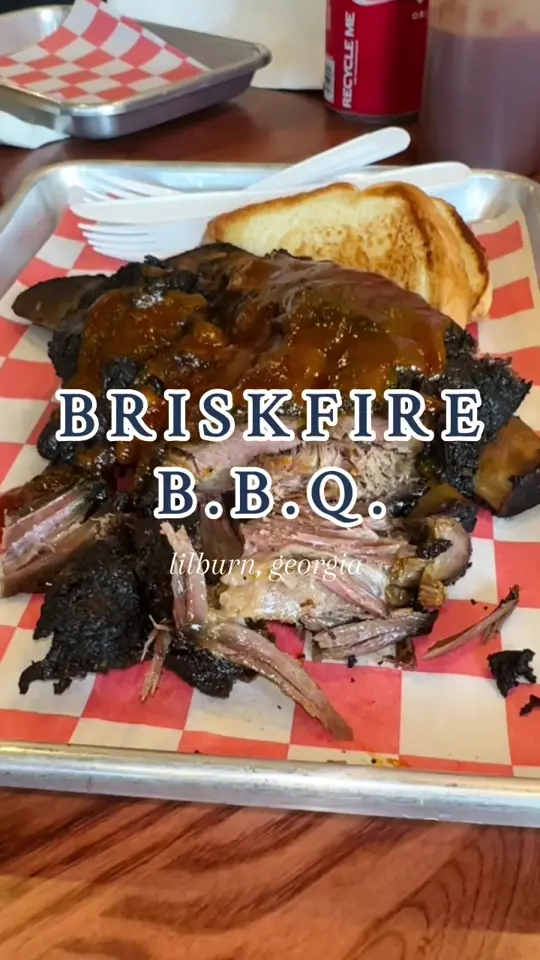 BriskFire BBQ in Lilburn showing review, visit, briskfire beef burger, 1/2 lb. brisket, beef short ribs, video by thehalalnosh on TikTok